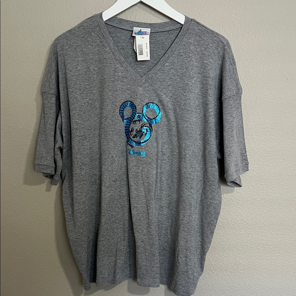 Vintage NWT Disneyland Gray V-Neck Tee with Blue Sequin Mickey Shaped Dragon